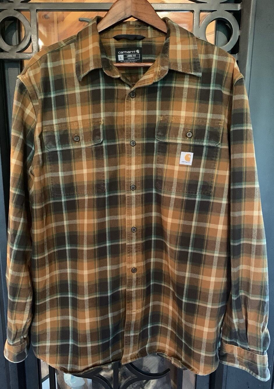 Carhartt Heavyweight Flannel Shirt Mens L Loose Fit Plaid Oiled Walnut Work